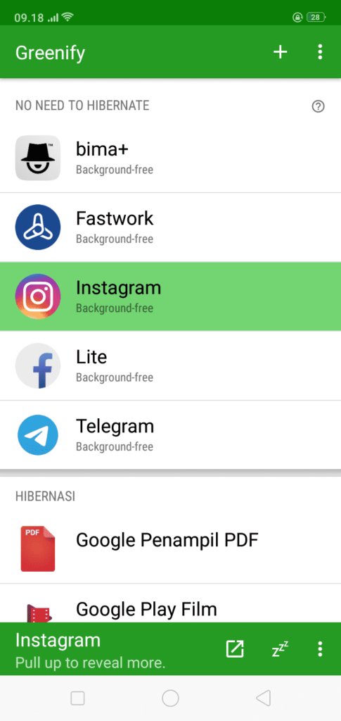membersihkan ram instagram lewat greenify