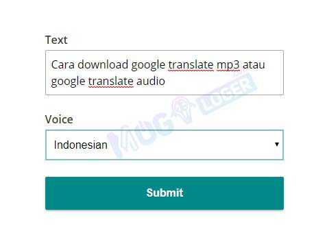 masukkan teks dan bahasa google translate di soundoftext