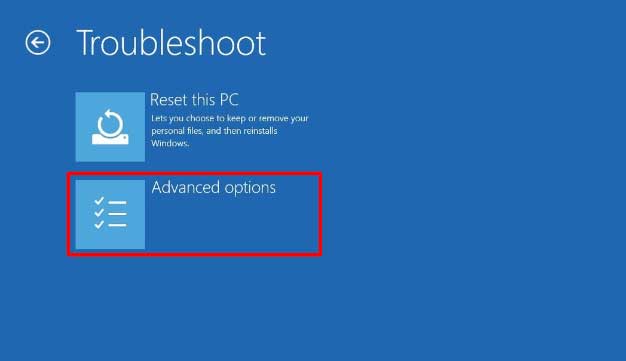 Pilih menu Advanced Options Windows 10
