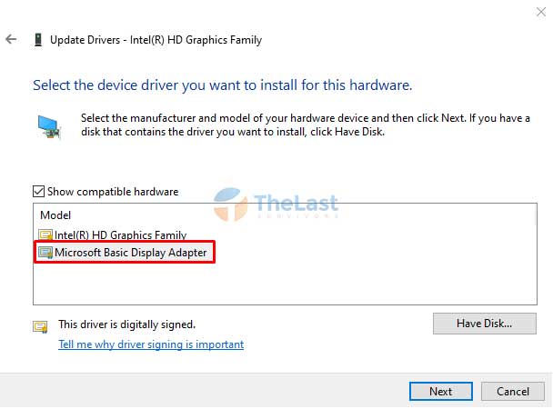 Pilih Mode Microsoft Basic Display Adapter