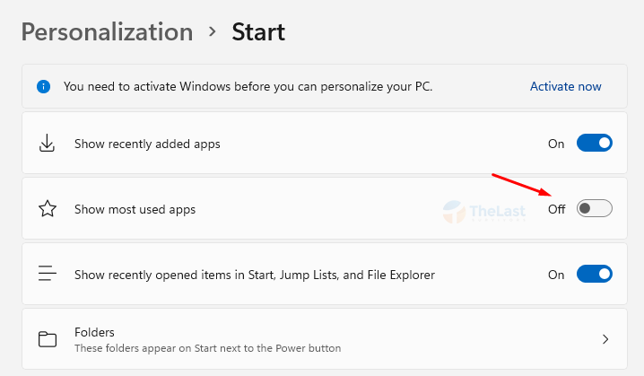 Matikan opsi Show most used apps di Windows 11