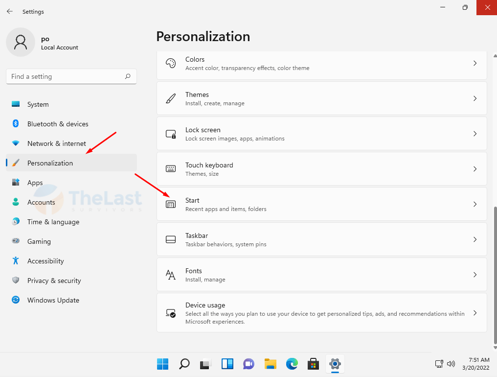 Pilih menu Personalization lalu Start di Windows 11