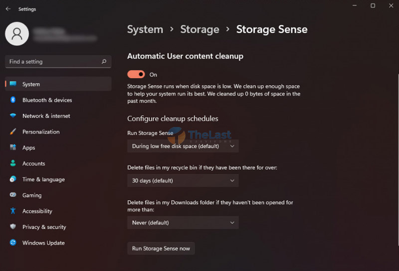 Setting Storage Sense Windows 11