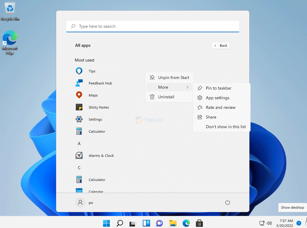 pilih opsi More dan pilih Don't show in this list di Windows 11
